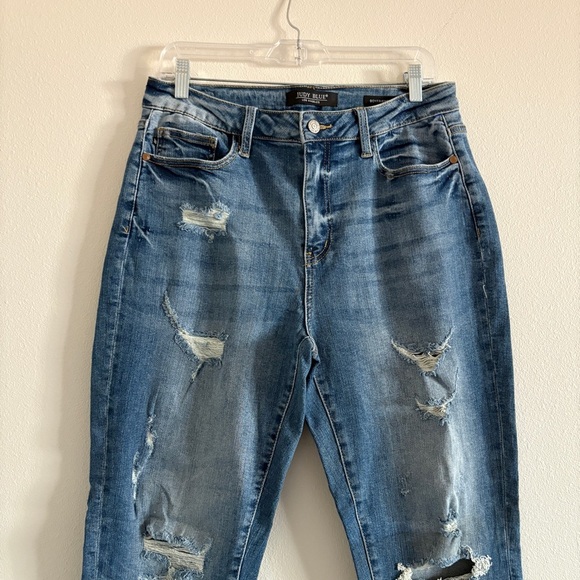 Judy Blue High Waist Cuffed Boyfriend Denim Jeans Distressed Straight Leg 11/30 - Picture 3 of 13